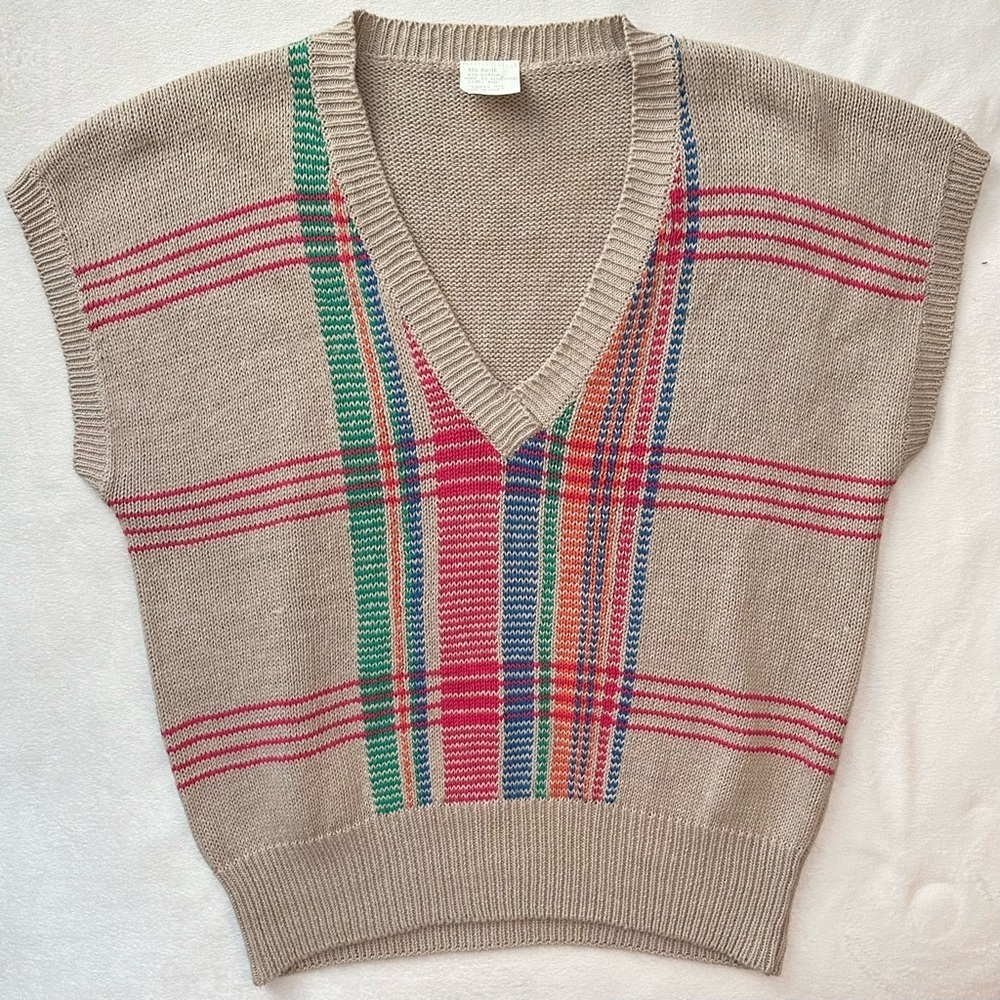 OOAK Unbranded *Vintage Sample* Sweater Vest Tan w/ Colorful Plaid Womens Sz 18